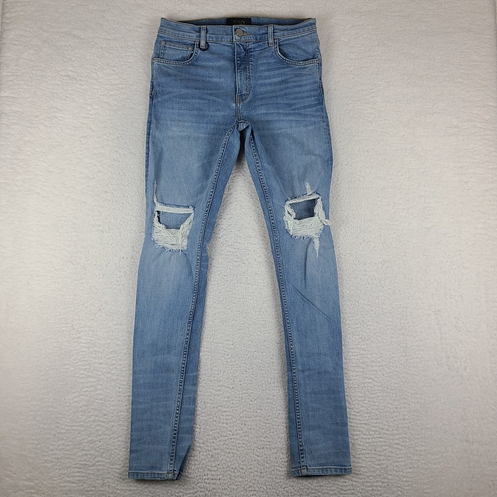 ORO Los Angeles Jeans Mens 30x33 Blue Skinny Distress Light Wash Denim